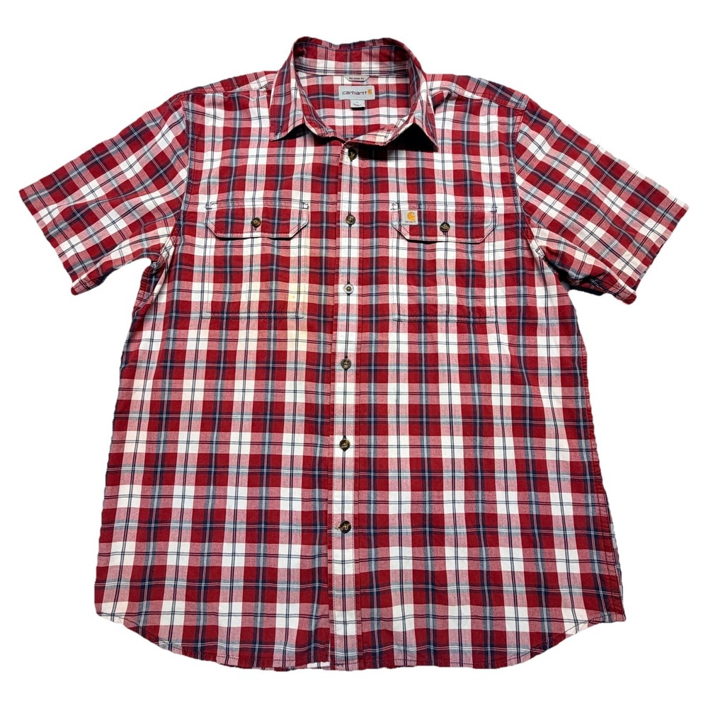 Carhartt Men's Plaid Short Sleeve Button Up Shirt Relaxed Fit Red Cotto Size L